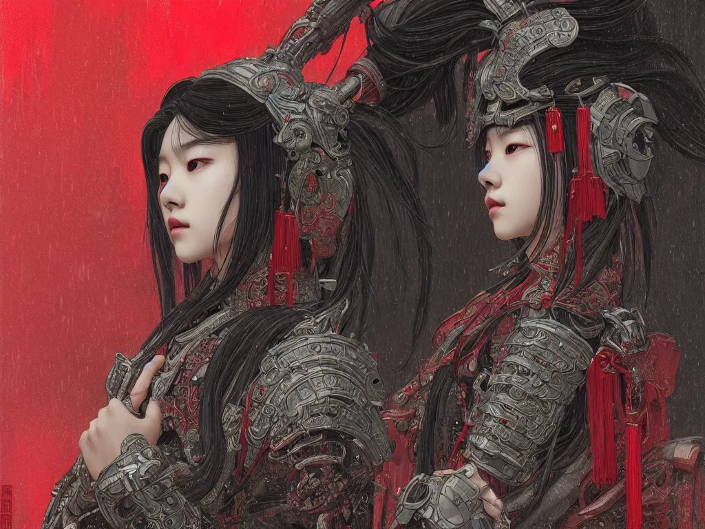 Prompt: portrait jisoo blackpink, grey hair black and red samurai armor, in japanese temple heavily rainy night, ssci - fi and fantasy, intricate and very very beautiful and elegant, highly detailed, digital painting, artstation, concept art, smooth and sharp focus, illustration, art by tian zi and wlop and alphonse mucha