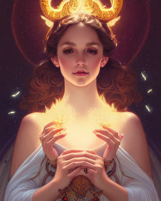 Image similar to symmetry portrait of brunette princess, glam, fae, fireflies, forest background, intricate, elegant, highly detailed, digital painting, artstation, concept art, smooth, sharp focus, illustration, art by artgerm and greg rutkowski and fra angelico and alphons mucha