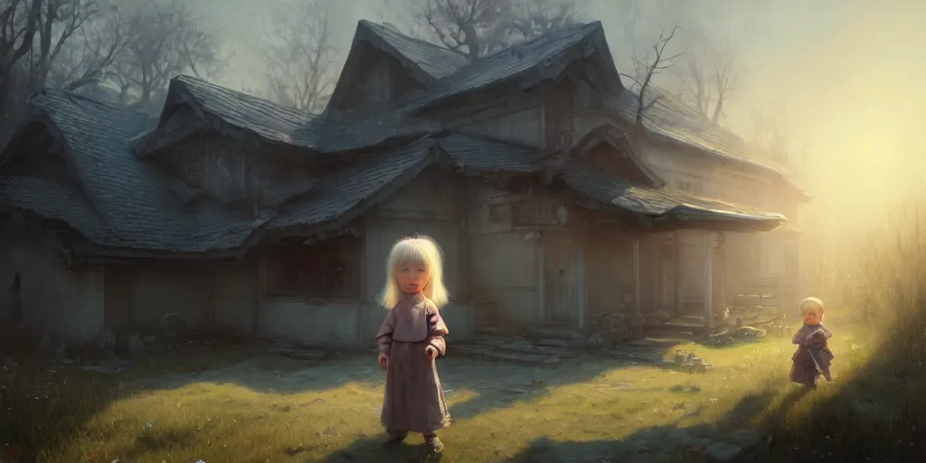 Image similar to big - eyed nordic sweet little girl looking sad in front of bombed house, extremely detailed digital painting, in the style of fenghua zhong and ruan jia and jeremy lipking and peter mohrbacher, mystical colors, rim light, beautiful lighting, 8 k, stunning scene, raytracing, octane, trending on artstation