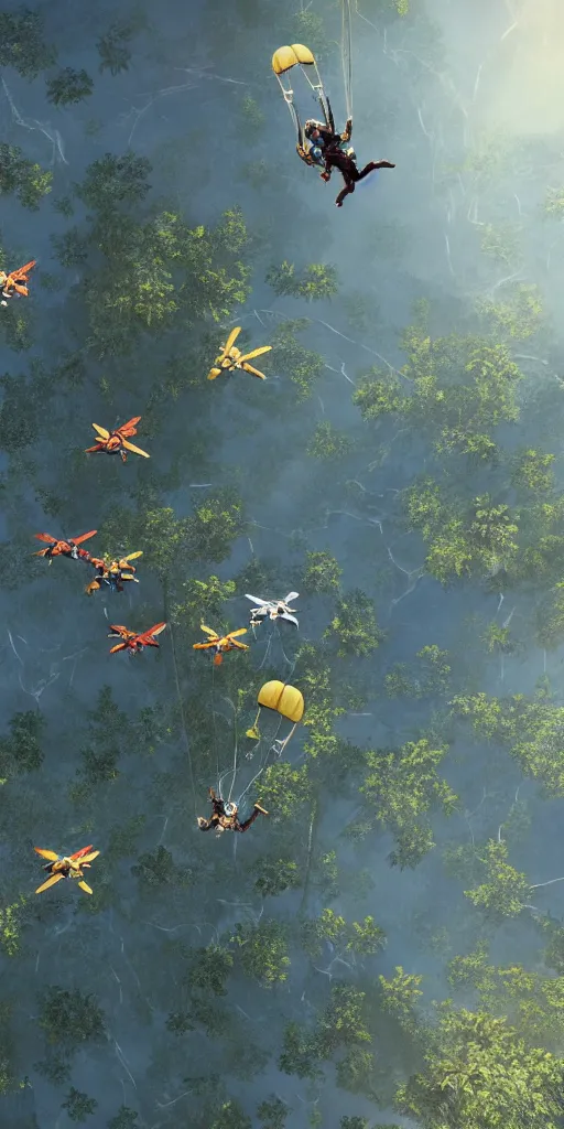 Prompt: downward view of sky divers parachuting downward, Amazon jungle setting, Photorealistic, establishing shot, cinematic lighting, dramatic lighting, atmospheric, realistic, octane render, highly detailed, color graded, matte painting in the style of craig mullins