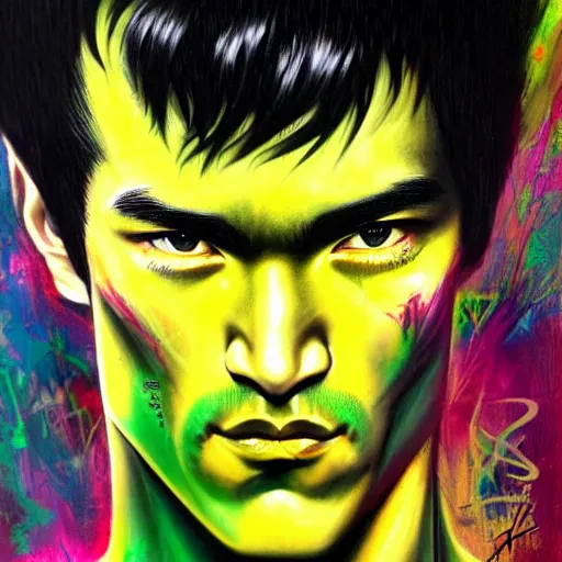 Image similar to a demon slayer portrait of bruce lee, tall, pale - skinned, and slender with lime green eyes and long eyelashes by stanley artgerm, tom bagshaw, arthur adams, carne griffiths, trending on deviant art, street art, face enhance, chillwave, maximalist, full of color, glittering