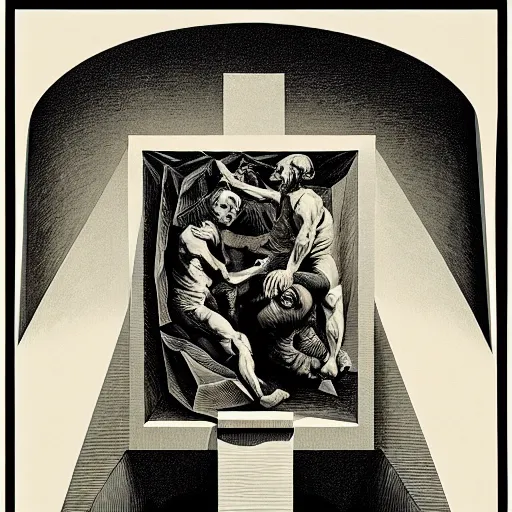 Prompt: lithography on paper secret lair conceptual figurative post - morden monumental dynamic portrait by goya and escher and hogarth, illusion surreal art, highly conceptual figurative art, intricate detailed illustration, controversial poster art, polish poster art, geometrical drawings, no blur