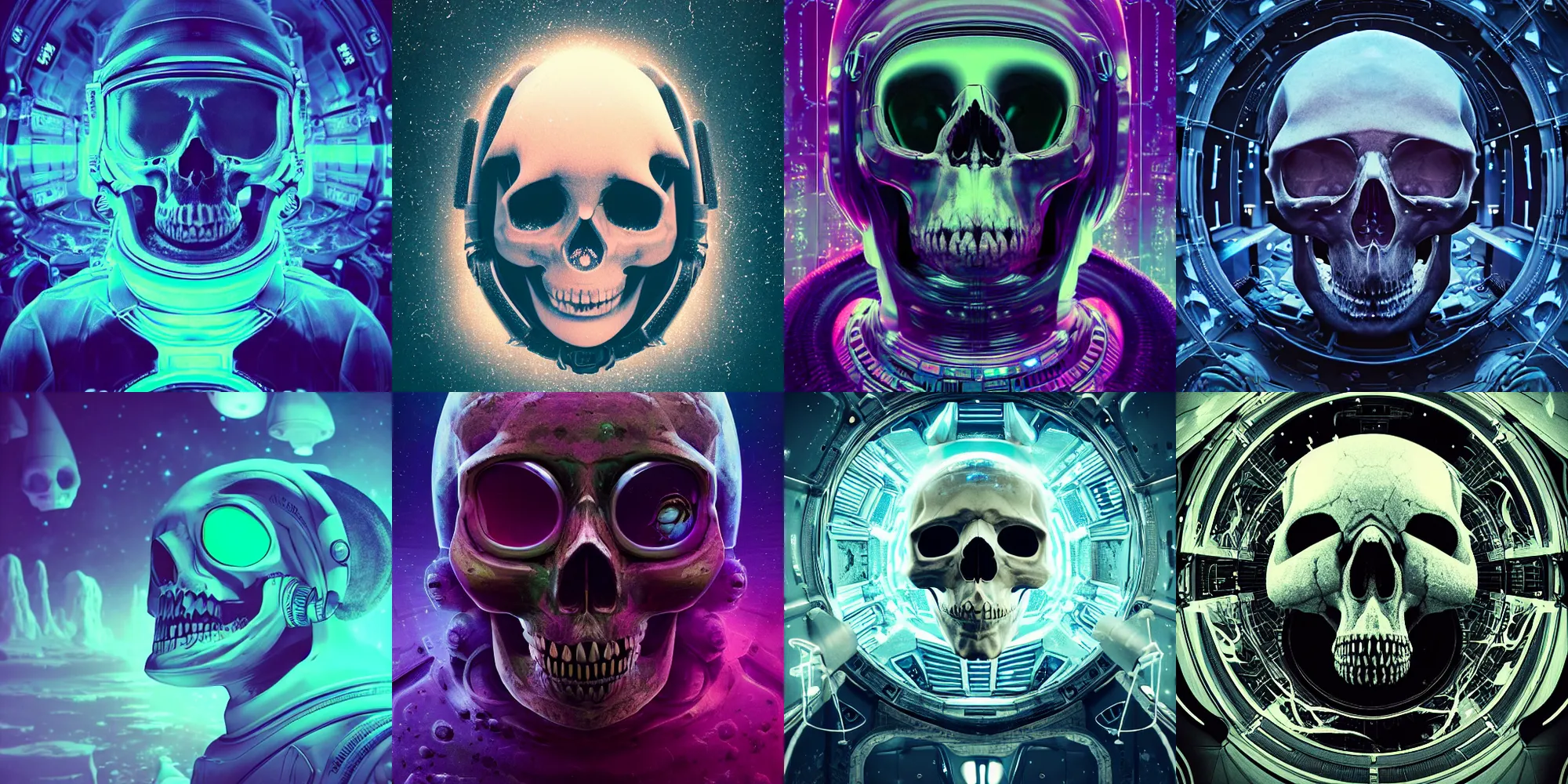 Image similar to astronaut skull, cosmic horror, abstract, ghostly, arcade, duotone, poltergeist, epic lighting, intricate, elegant, highly detailed, smooth, sharp focus, unreal engine 5, raytracing, in the style of beeple and mike winkelmann, ultraviolet colors,