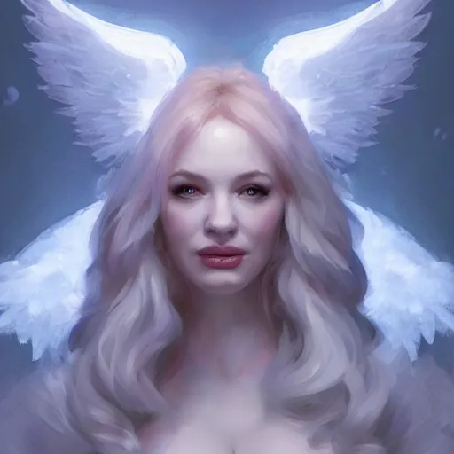 Image similar to Portrait of a Christina Hendricks with angel wings, and a glowing halo, white lighting, digital art by Ruan Jia and Mandy Jurgens and Artgerm, highly detailed, trending on artstation, award winning,