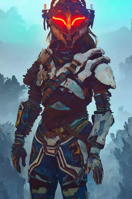 Image similar to combination suit armor aloy horizon forbidden west horizon zero dawn radiating a glowing aura global illumination ray tracing hdr fanart arstation by ian pesty and alena aenami artworks in 4 k tribal robot ninja mask helmet backpack