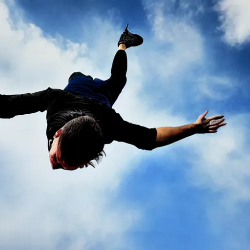 Prompt: A horizontal wide shot of ((Tom Pretty)) free falling from the sky, photorealistic, blue sky