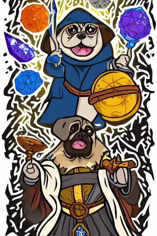 Image similar to Pug that is a wizard casting a spell , wizard, medieval, sticker, colorful, casting epic spell, magic the gathering artwork, D&D, fantasy, artstation, heroic pose, illustration, highly detailed, simple, smooth and clean vector curves, no jagged lines, vector art, smooth