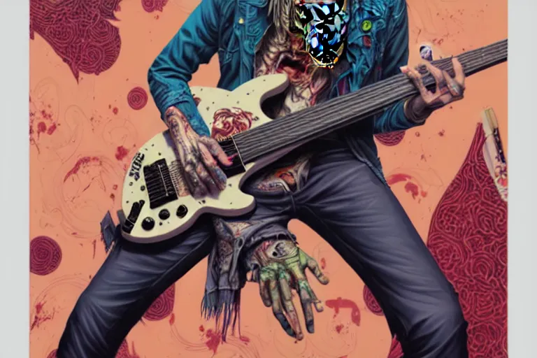 Image similar to zombie punk guitar player, tristan eaton, victo ngai, artgerm, rhads, ross draws, intricated details, 3 / 4 view, full body portrait