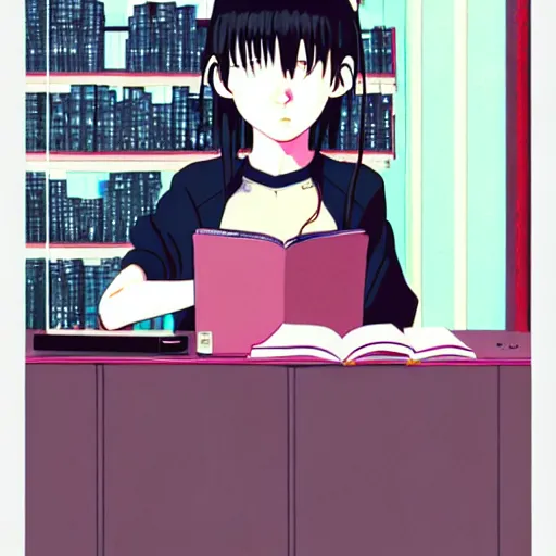 Image similar to full view of girl studying at her future computer, from serial experiments lain, style of yoshii chie and hikari shimoda and martine johanna and studio ghibli, highly detailed