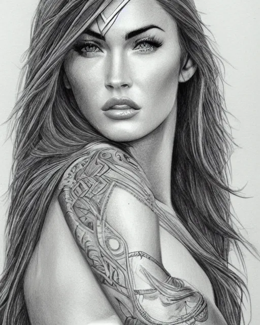 Image similar to pencil drawing of beautiful megan fox as greek goddess aphrodite, archer warrior, sagittarius tattoo, beautiful piercing eyes, flowing blonde hair, realistic face, hyper realistic, in the style of greg rutkowski, fantasy, amazing detail, epic, intricate, elegant, smooth, sharp focus