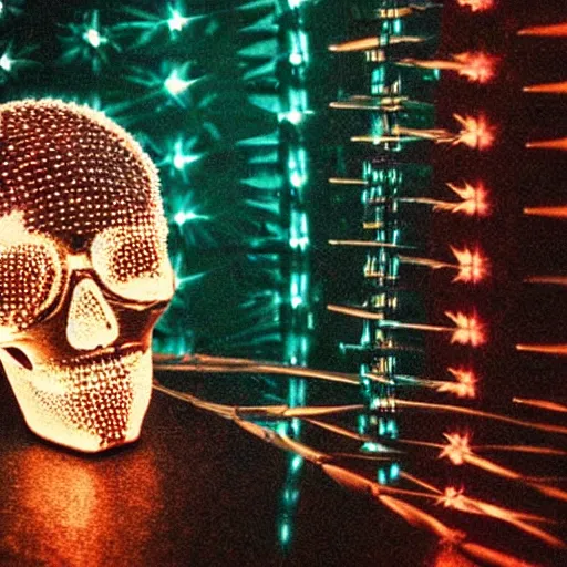 Image similar to a disco skull full of long spikes, reflecting light in a nightclub, grainy film photograph