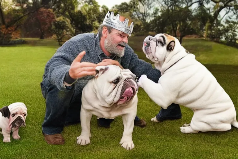 Image similar to a graying middle aged homless man playing xbox and petting an english bulldog wearing a crown, dog wearing a crown