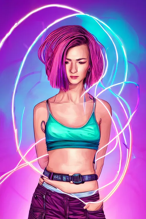 Image similar to a award winning half body portrait of a beautiful woman with stunning eyes in a croptop and cargo pants with ombre purple pink teal hairstyle and hands in pockets by thomas danthony, surrounded by whirling illuminated lines, outrun, vaporware, shaded flat illustration, digital art, trending on artstation, highly detailed, fine detail, intricate