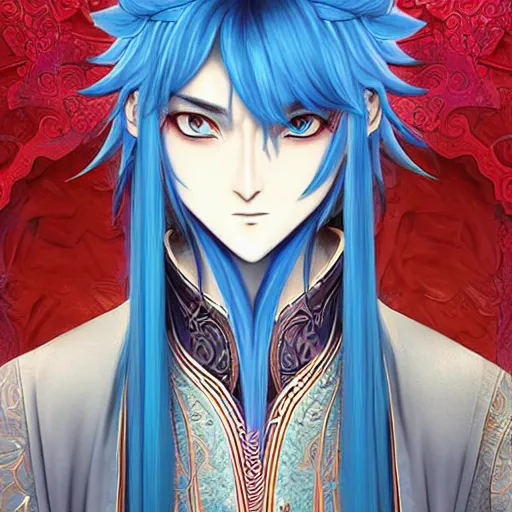 Image similar to an immortal xianxia cultivator with long blue hair as an absurdly handsome, elegant, young anime man, ultrafine hyperrealistic detailed face illustration by kim jung gi, irakli nadar, intricate linework, sharp focus, bright colors, matte, gujian, final fantasy, unreal engine highly rendered, global illumination, radiant light, intricate environment