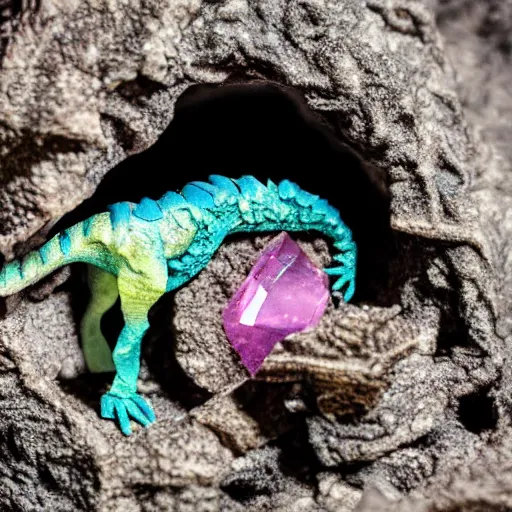 Image similar to photorealistic tiny dinosaur skeleton inside a geode of colored crystals