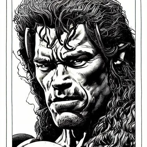 Prompt: a realistic and atmospheric portrait of arnold schwarzenegger as a druidic warrior wizard looking at the camera with an intelligent gaze by rebecca guay, michael kaluta, charles vess and jean moebius giraud