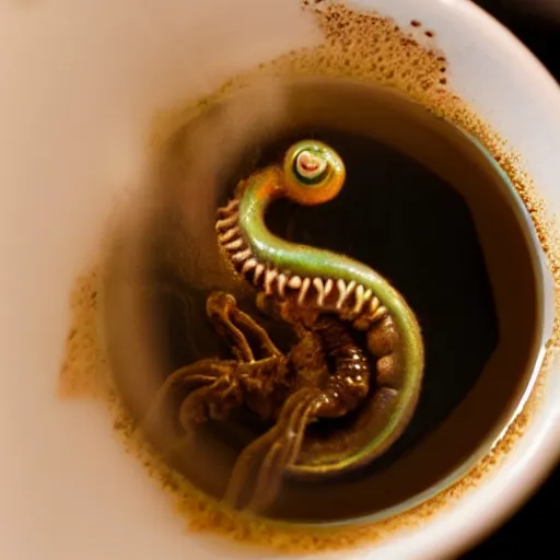 Image similar to little cute sea monster in my morning coffee, close-up photograph, award winning