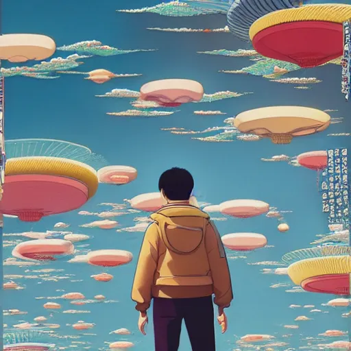 Image similar to a man walking on clouds above kyoto by takashi murakami, beeple and james jean, aya takano color style, 4 k, super detailed