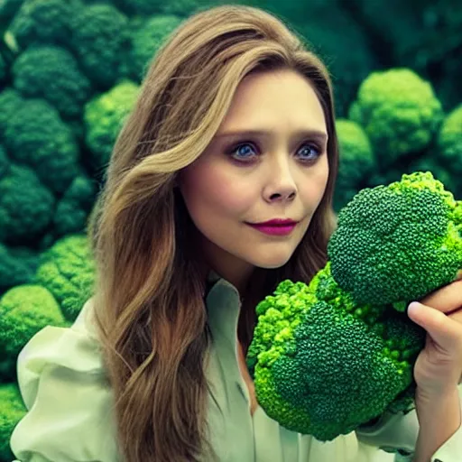 Image similar to elizabeth olsen has [ [ broccoli for a face ] ]!!, [ [ broccoli as skin ] ]!!, trending on cgsociety, 4 k quality, intricate