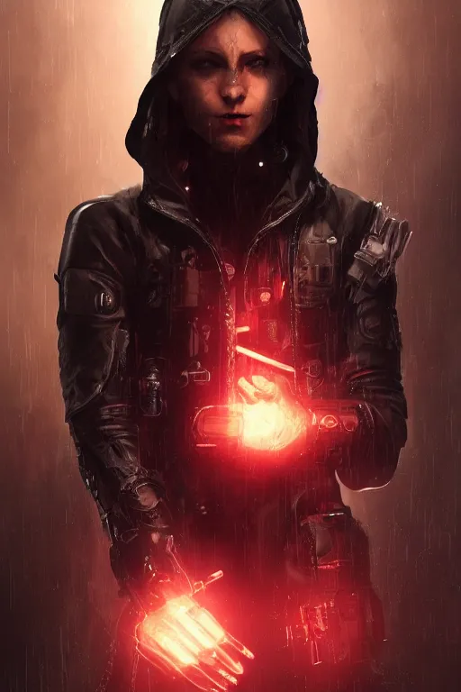 Prompt: A cyberpunk hunter villain who wears a black hooded leather jacket, stern face, prosthetic arm, and flowing ribbons of light pouring into him, cinematic lighting, hyper-detailed, cgsociety, 8k, high resolution, in the style of Charlie Bowater, Tom Bagshaw, Alexis Franklin, Elena Masci, Pawel Rebisz