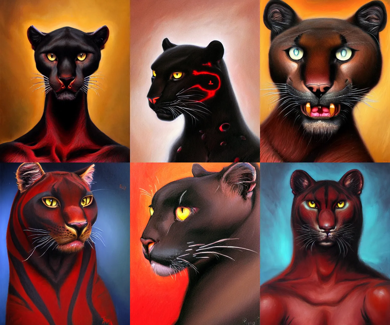 Prompt: !dream oil painting Head and shoulders portrait painting of anthro Black and Red fur looking at the camera anatomical, Egyptian Attractive Panther Goddess character design, feminine, character design, eyes, feminine realistic trending on artstation, fantasy art by Ryan McGinley, Rodney Matthews, John French Sloan, Paul Laffoley, Raphael Lacoste, Eddie Mendoza, Noriyoshi Ohrai, Annato Finnstark