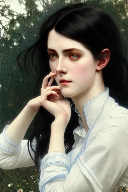 Image similar to ultra realistic, Beautiful black haired woman, Porcelain white complexion, big blue eyes, cute small lips., wearing jeans and white blouse, whip in hand, intricate details, eerie, highly detailed, octane render, 8k, art by artgerm and alphonse mucha and greg rutkowski