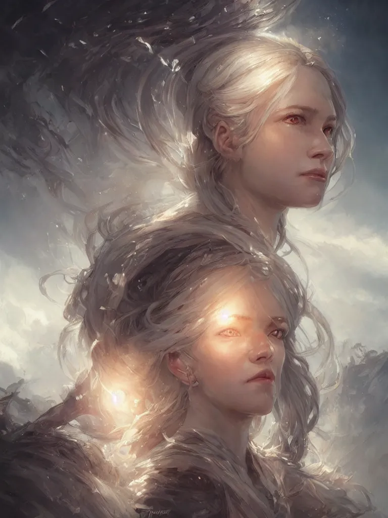 Image similar to a portrait of a beautiful hopeful lady with pretty eyes, beautiful eyes, highly detailed eyes, looking up onto the sky, light smiling, art of wlop and greg rutkowski, intricate, high details, epic fantasy art, bright light masterpiece, ray of light through white hair