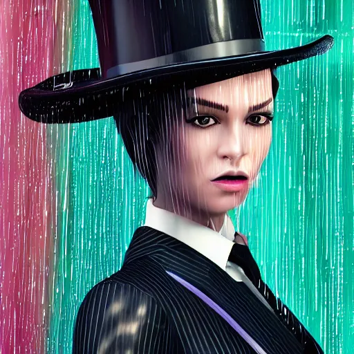 Image similar to stylish woman cartoon portrait made out of rain, pinstripe suit, top hat, cyberpunk background, rendered in octane, unreal engine, highly detailed, trending on artstation, realistic, neon, beautiful