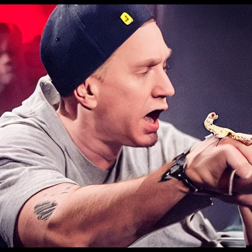 Image similar to clear picture of eminem throwing a rat to the camera, hd, 4 k, award winning details, trending in instagram