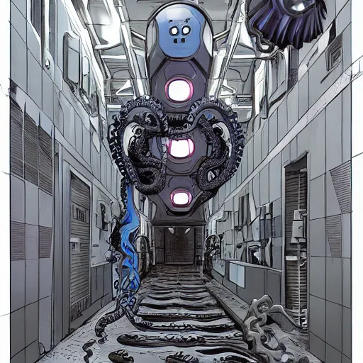 Image similar to robotic Octopus in a hallway, Industrial Scifi, detailed illustration, character portrait, by Martin Grip and Moebius