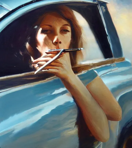 Image similar to high quality high detail painting by alberto mielgo and jaime jones, woman smoking in a car, hd