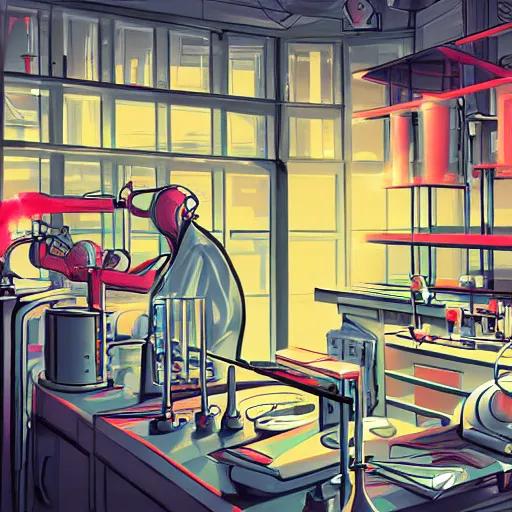 Image similar to editorial illustration of a laboratory setup from a mad scientist, fine texture, dynamic composition, detailed, dynamic perspective, colorful modern