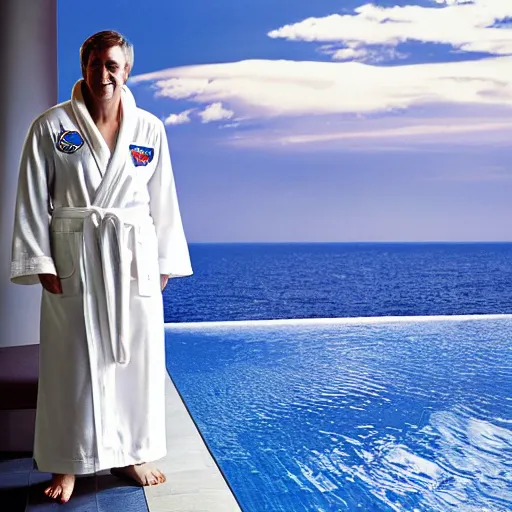 Prompt: an astronaut wearing a robe chilling in a infinity pool, magazine cover photograph