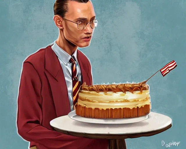 Image similar to Forrest gump eating a cake in hogwarts, digital art, highly detailed, in the style of David Villegas