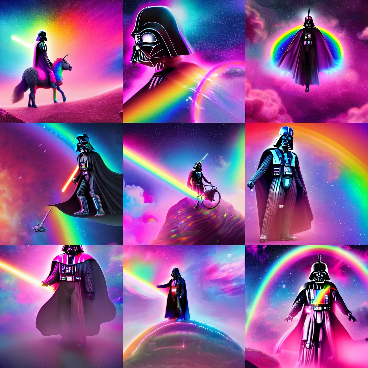 Prompt: beautiful matte painting of a rainbow colored pink darth vader wearing pink riding a psychedelic rainbow unicorn over a glittering rainbow in space by lisa frank and dan mumford, octane render, HDR, vivid color, volumetric lighting, unreal engine, concept art, CGsociety, trending on artstation