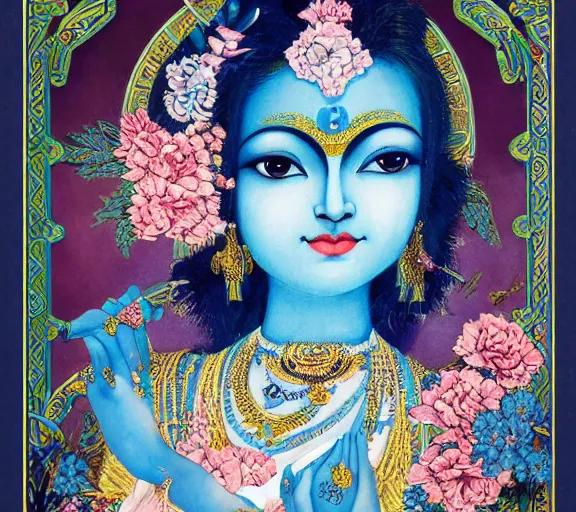 Image similar to breathtaking detailed concept art painting art deco pattern a beautiful krishna with blue skin on sitted on an intricate metal throne, hands pressed together in bow, light - blue flowers with kind piercing eyes and blend of flowers and birds, by hsiao - ron cheng and john james audubon, bizarre compositions, exquisite detail, extremely moody lighting, 8 k h 1 0 2 4