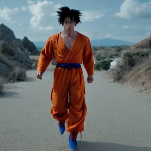 Image similar to photo of keanu reeves as goku in live action dragon ball z movie, cinematic movie still, 8 k hdr