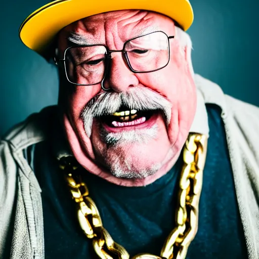 Image similar to dslr portrait photo still of wilfred brimley as a gangsta rapper with gold chains and gold teeth grills growling at camera and showing his teeth, 8 k, 8 5 mm f 1. 8