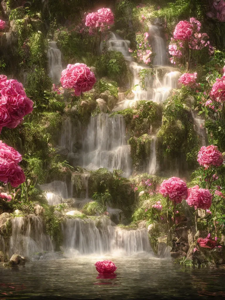 Prompt: magic palace, rose, white, luminous water, magic, realism, redshift rendering, 3 d, super detail, lifelike, 8 k, masterpiece, functional, art station, extreme long shot, by john frederick kensett