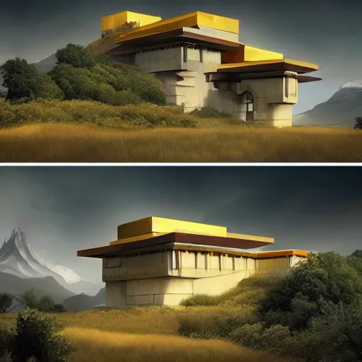 Image similar to rectangular house inspired by a tibetan palace between big trees, yellow clouds, dramatic lighting, artstation, matte painting, raphael lacoste, simon stalenhag, frank lloyd wright, zaha hadid