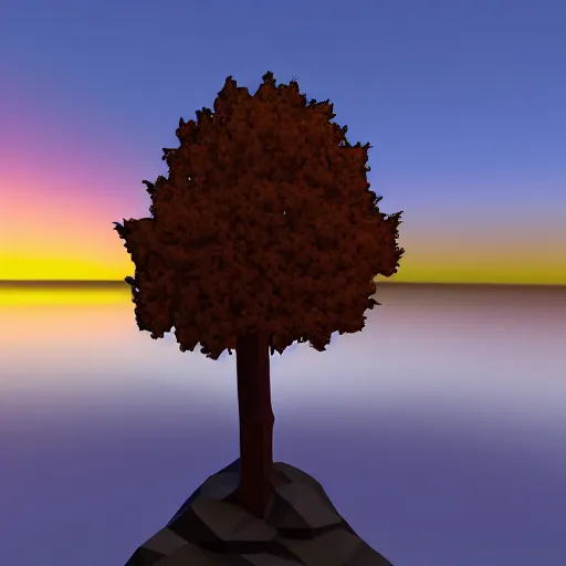 Prompt: a tree in a river, sunset, low poly