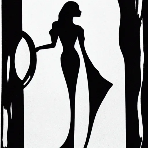 Image similar to a black and white drawing of the silhouette of a woman with long curly hair using a dress