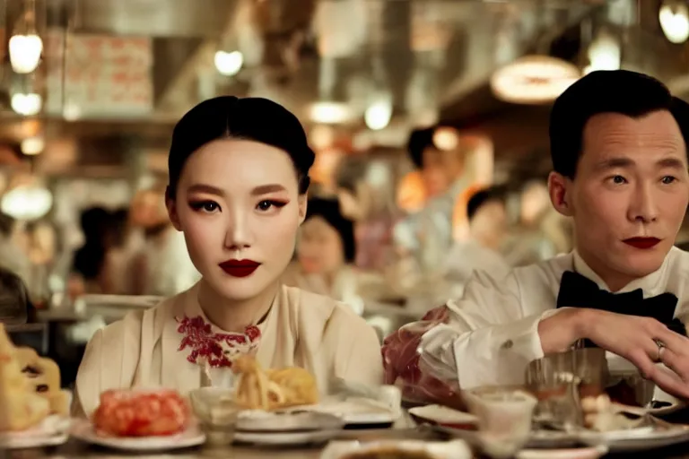 Image similar to movie interior closeup beautiful Chinese fashion model couple teams closeup joking at 50s diner, night in the city, beautiful skin, by Emmanuel Lubezki