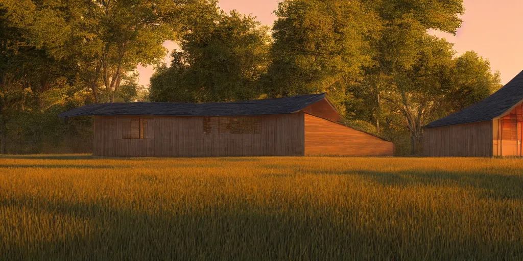 Image similar to a serene landscape with a singular building near a lake at sunset, soft lighting, path tracing, complementary colors, calm, natural lighting, high quality, 4k, low contrast, highly detailed, octane render, unreal engine 5