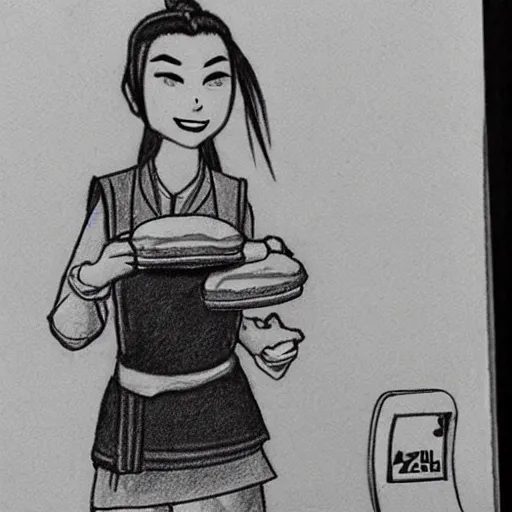 Prompt: pencil sketch of azula working at McDonald’s flipping burgers