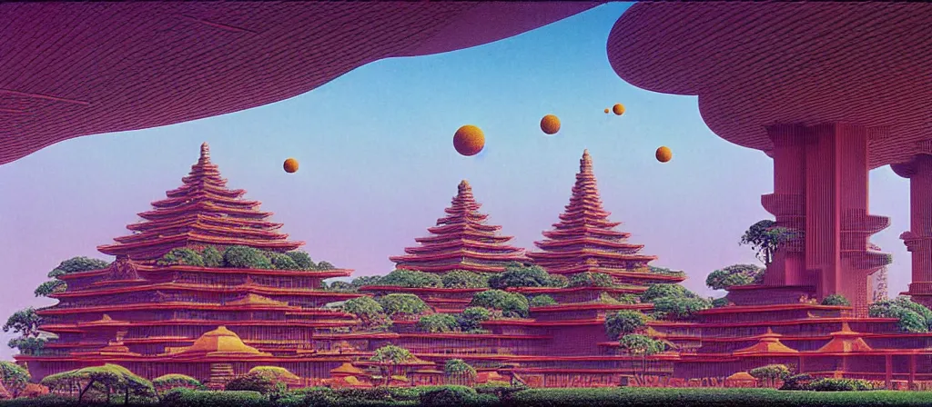 Image similar to huge gargantuan angular dimension of pagoda liminal spaces, temples by escher and ricardo bofill. utopian singaporean landscape by roger dean. magical realism, surrealism, lush sakura trees, waterfalls, thunder, lightning, cyberpunk, shot from below, epic scale