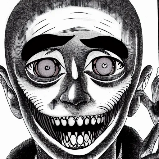 Image similar to smiling man, junji ito, creepy, unsettling,