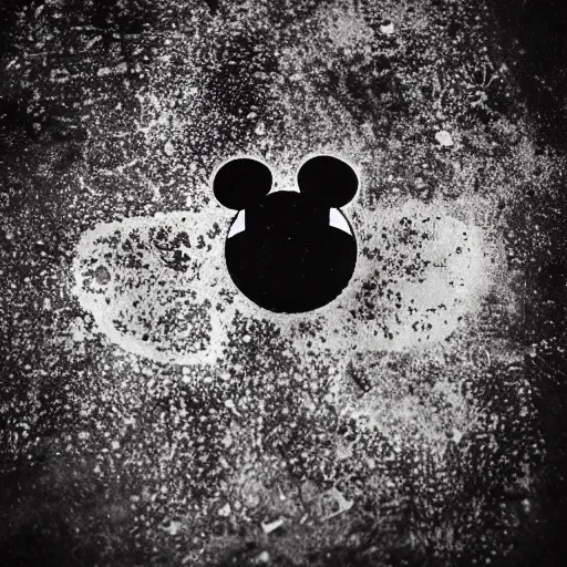 Prompt: sweat stain mickey mouse on a crusty old black, 8 k studio photo.