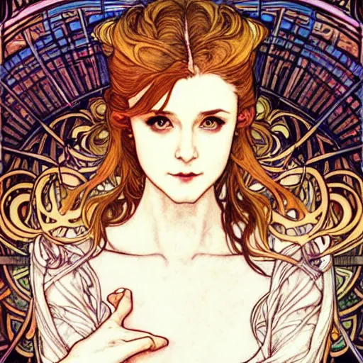 Prompt: in the style of artgerm, arthur rackham, alphonse mucha, evan rachel wood, symmetrical eyes, symmetrical face, flowing white dress, hair blowing, intricate filagree, warm colors, cool offset colors