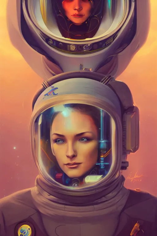 Prompt: a poster design of a portrait of a female astronaut, cyberpunk, warm color, Highly detailed labeled, poster, peter mohrbacher, featured on Artstation